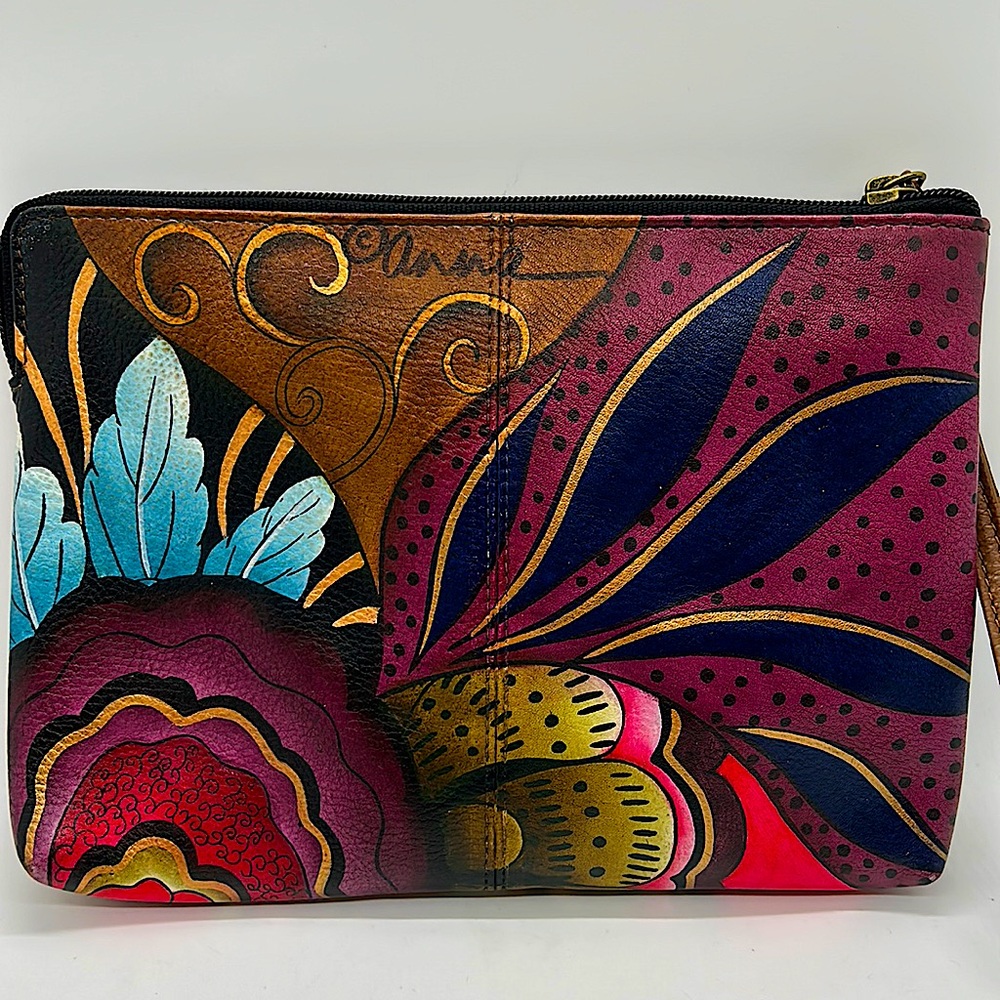 Anuschka Anna Hand Painted Floral Wristlet Purse Bag - Picture 4 of 5